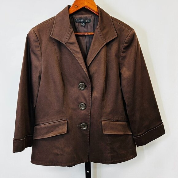 Lafayette 148 New York Brown Cotton Stretch Blazer Size 12 Three Button Jacket - Picture 1 of 11